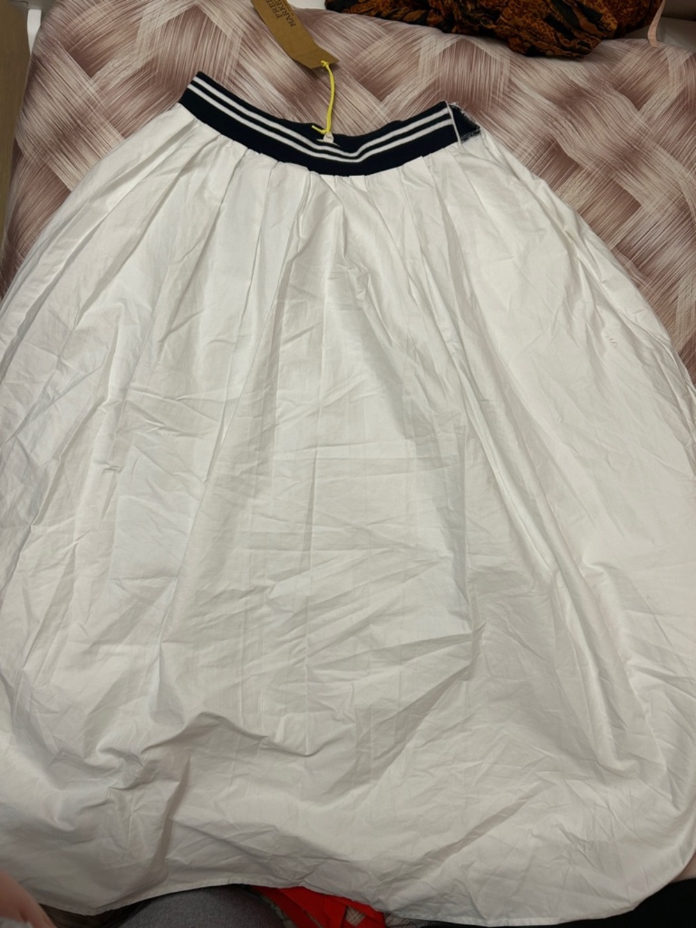 White Full Gathered Skirt with Navy Trim Waistband